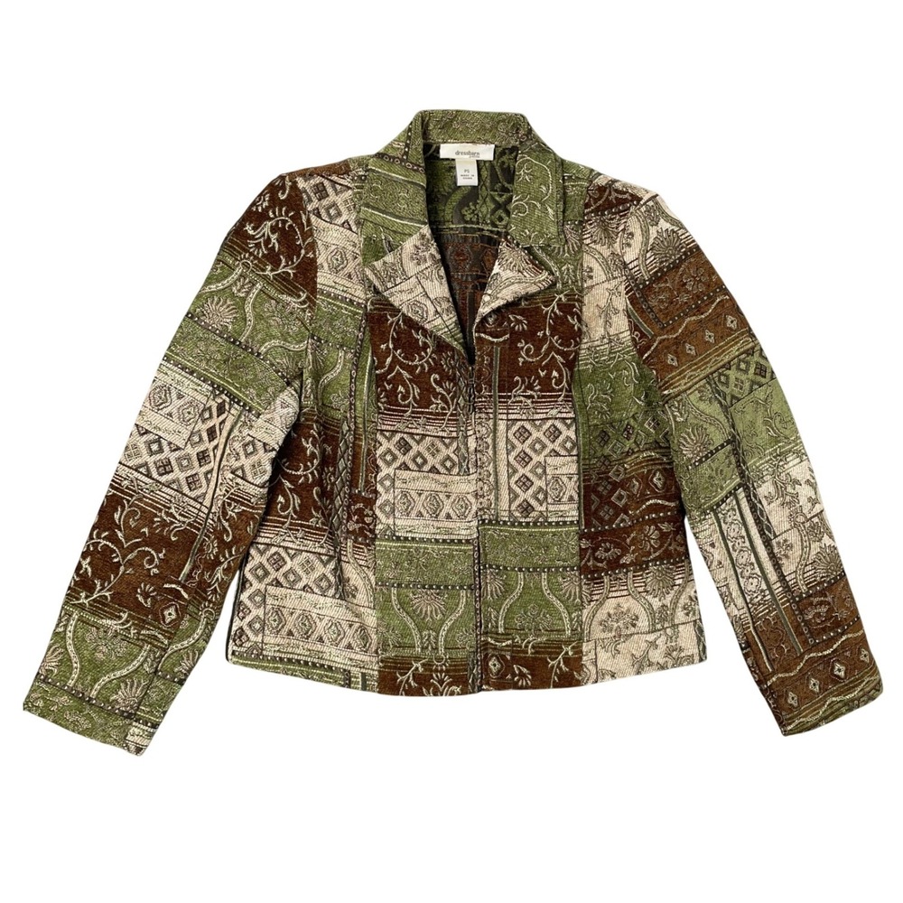 Vintage Patchwork Tapestry Jacket Womens Green Brown Whimsigoth Fairycore Earthy
